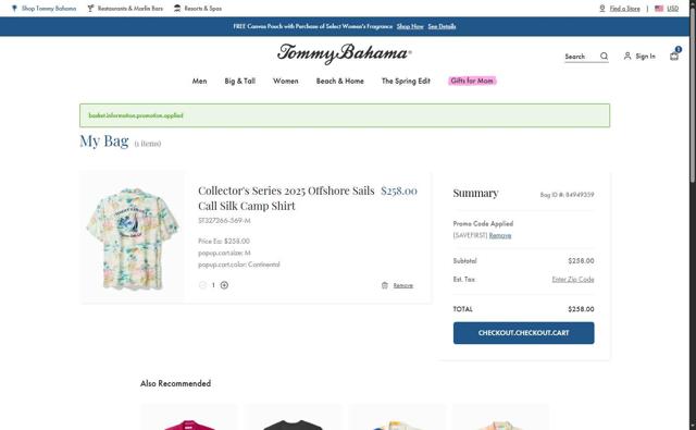 Tommy Bahama checkout page showing Tommy Bahama promo code box | Screenshot taken by SimplyCodes community member on Apr 19, 2025