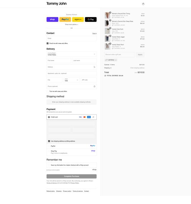 Tommy John checkout page showing Tommy John discount code box | Screenshot taken by SimplyCodes community member on Sep 12, 2025