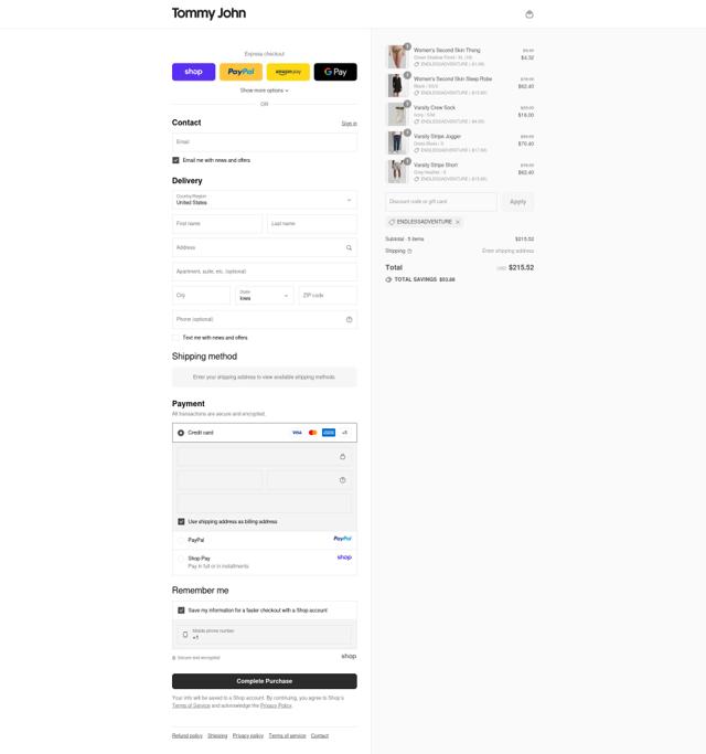 Tommy John checkout page showing Tommy John discount code box | Screenshot taken by SimplyCodes community member on Sep 12, 2025