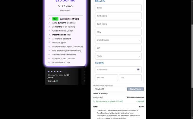 TomoCredit checkout page showing TomoCredit promo code box | Screenshot taken by SimplyCodes community member on Aug 24, 2025