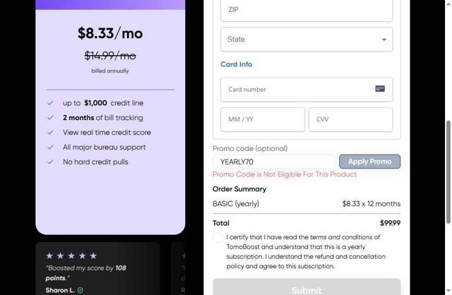 TomoCredit checkout page showing TomoCredit promo code box | Screenshot taken by SimplyCodes community member on Aug 18, 2025
