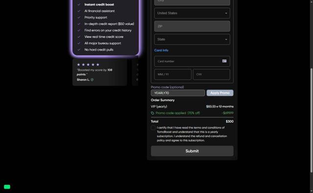 TomoCredit checkout page showing TomoCredit promo code box | Screenshot taken by SimplyCodes community member on Sep 5, 2025