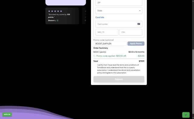 TomoCredit checkout page showing TomoCredit promo code box | Screenshot taken by SimplyCodes community member on Sep 11, 2025