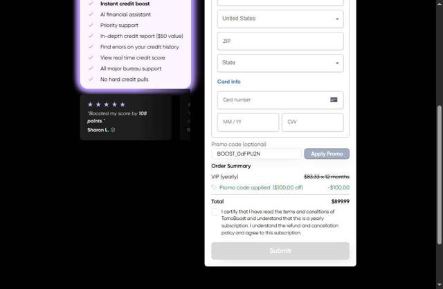 TomoCredit checkout page showing TomoCredit promo code box | Screenshot taken by SimplyCodes community member on Aug 21, 2025