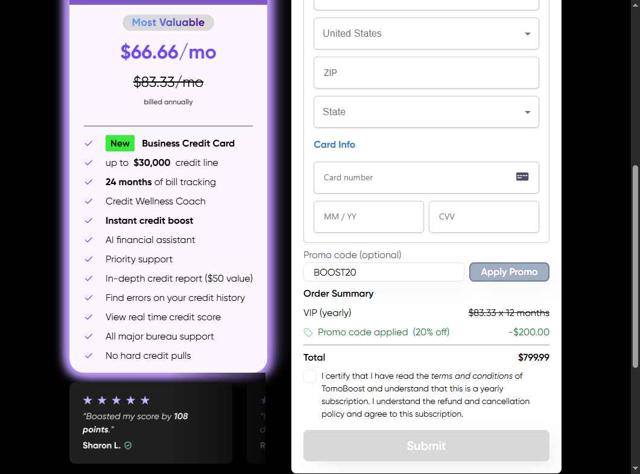 TomoCredit checkout page showing TomoCredit promo code box | Screenshot taken by SimplyCodes community member on Aug 29, 2025