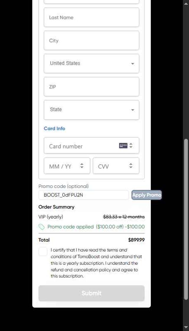 TomoCredit checkout page showing TomoCredit promo code box | Screenshot taken by SimplyCodes community member on Sep 3, 2025
