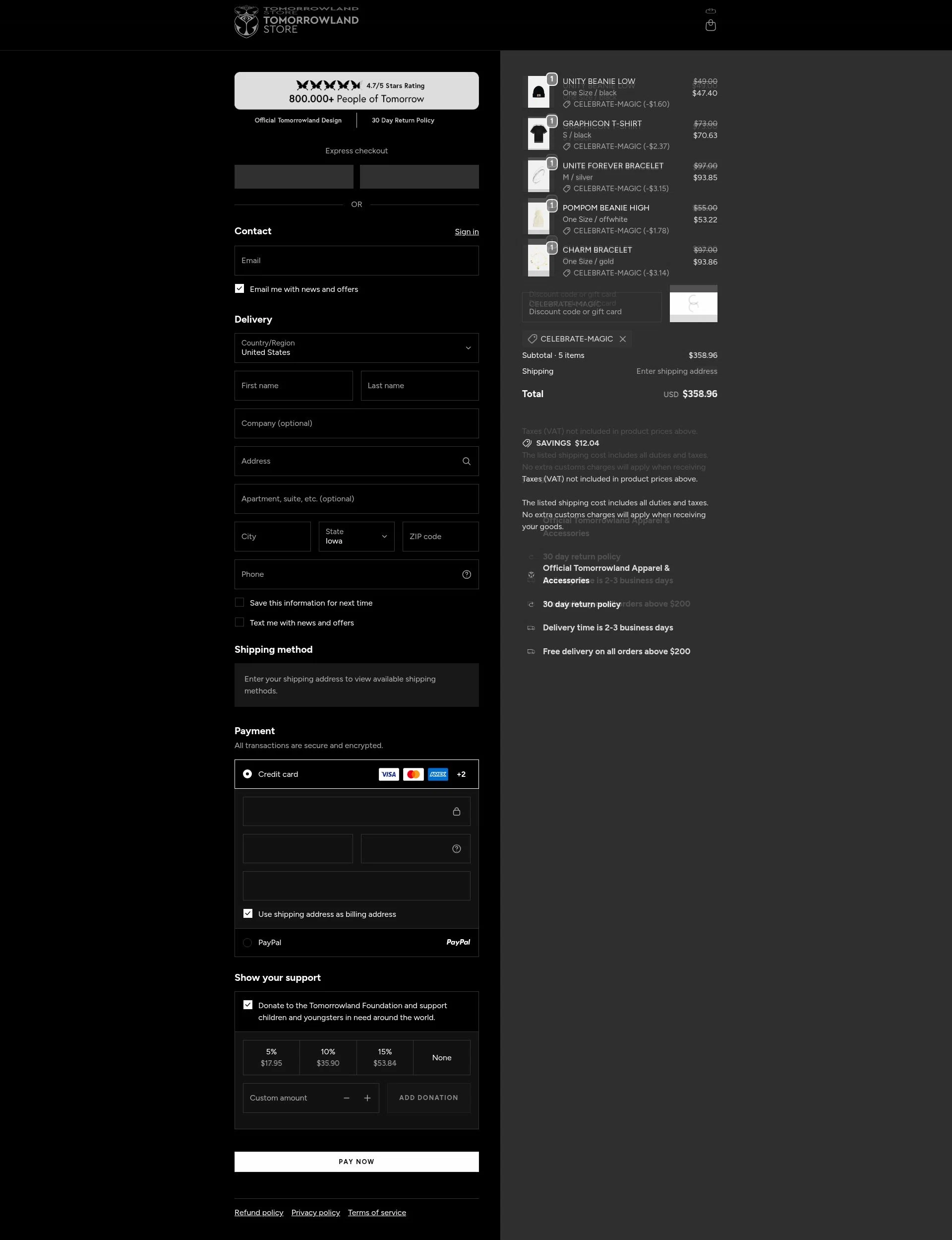 TOMORROWLAND checkout page showing TOMORROWLAND promo code box | Screenshot taken by SimplyCodes community member on Feb 13, 2026