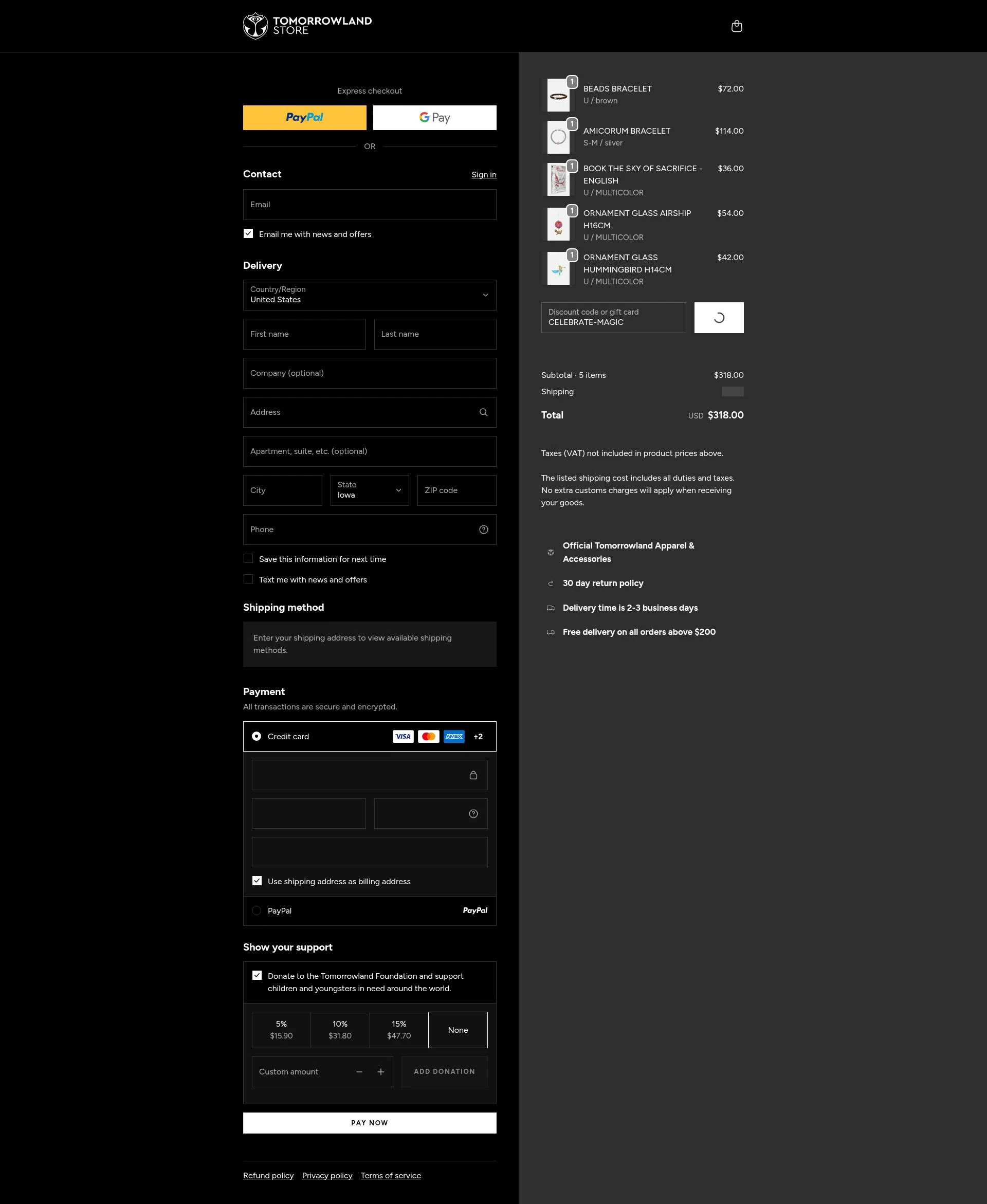 TOMORROWLAND checkout page showing TOMORROWLAND promo code box | Screenshot taken by SimplyCodes community member on Dec 28, 2025