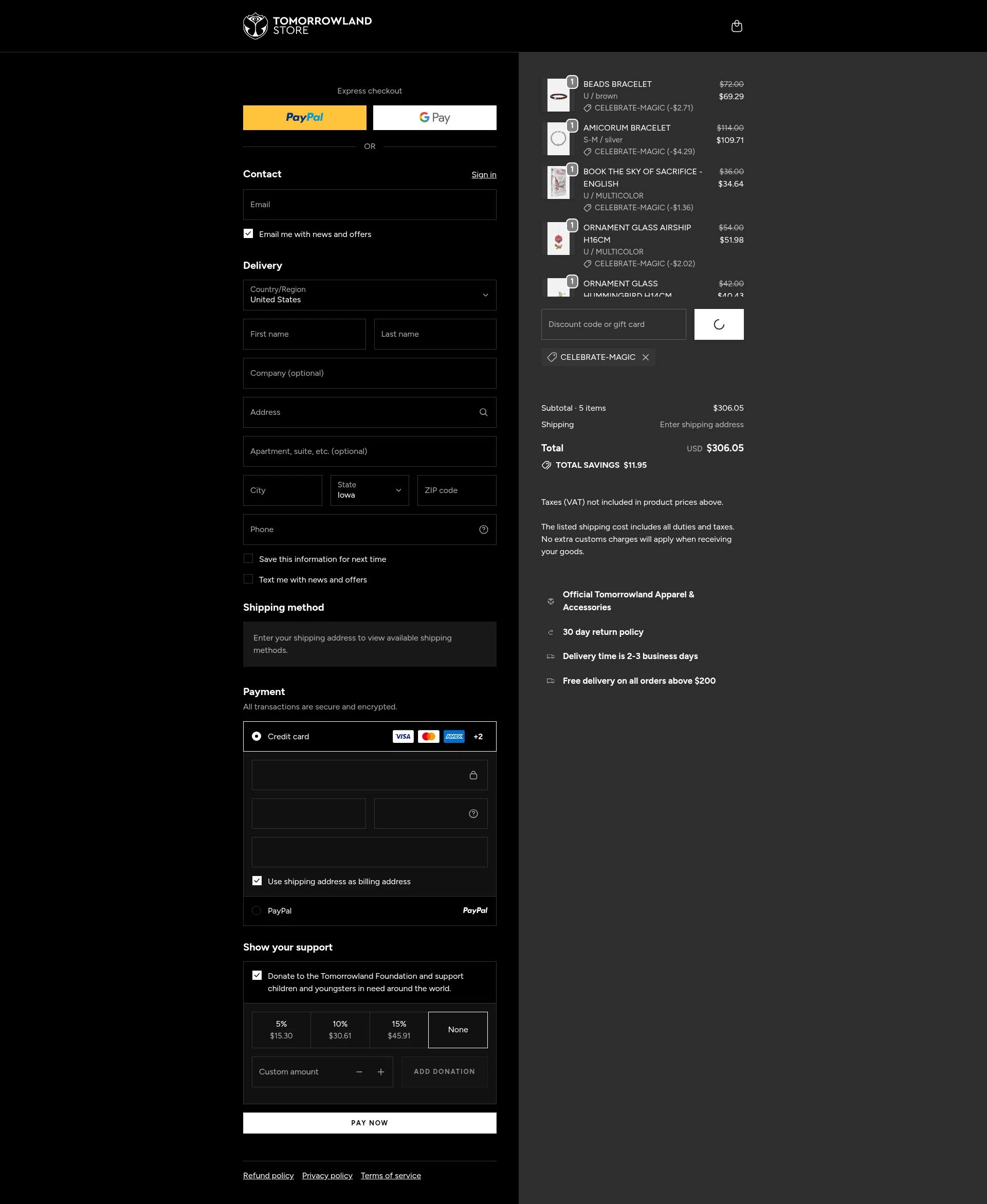 TOMORROWLAND checkout page showing TOMORROWLAND promo code box | Screenshot taken by SimplyCodes community member on Dec 23, 2025
