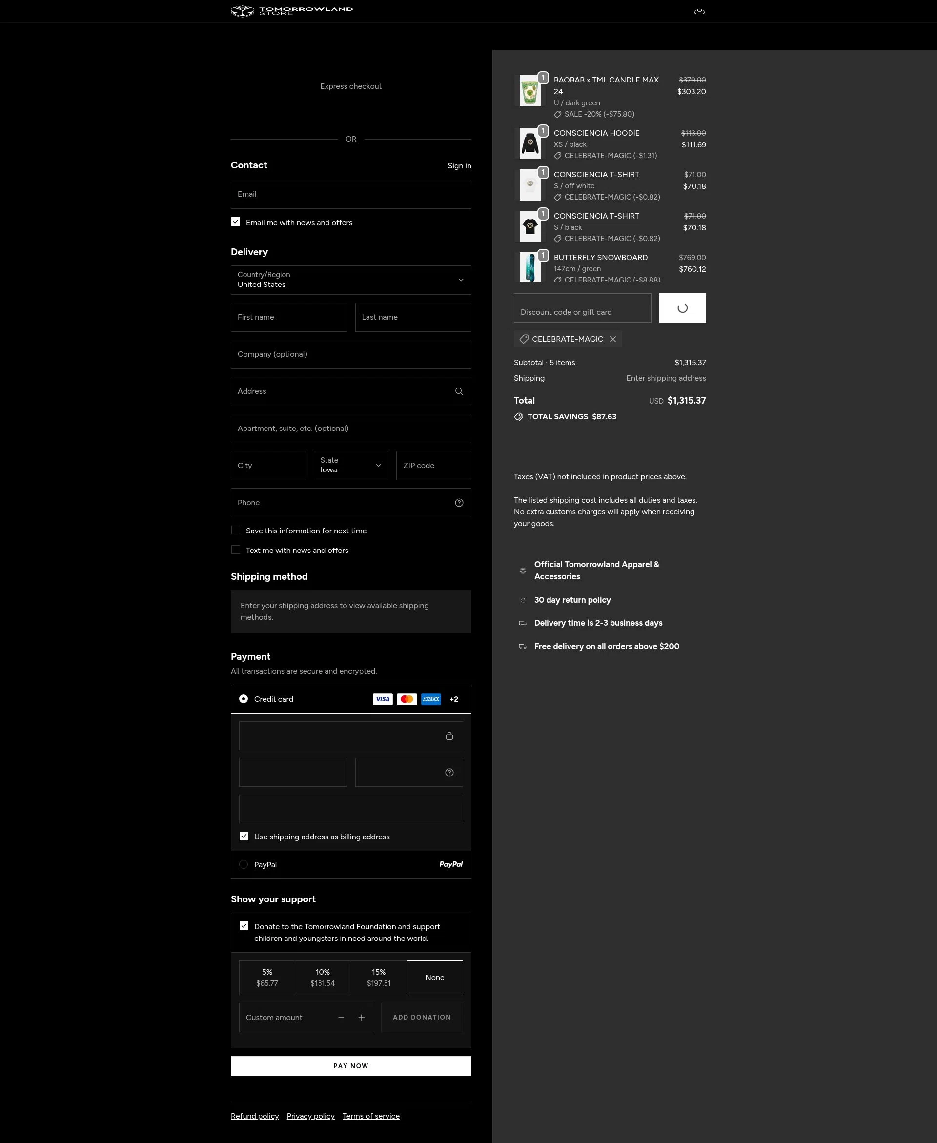 TOMORROWLAND checkout page showing TOMORROWLAND promo code box | Screenshot taken by SimplyCodes community member on Jan 12, 2026