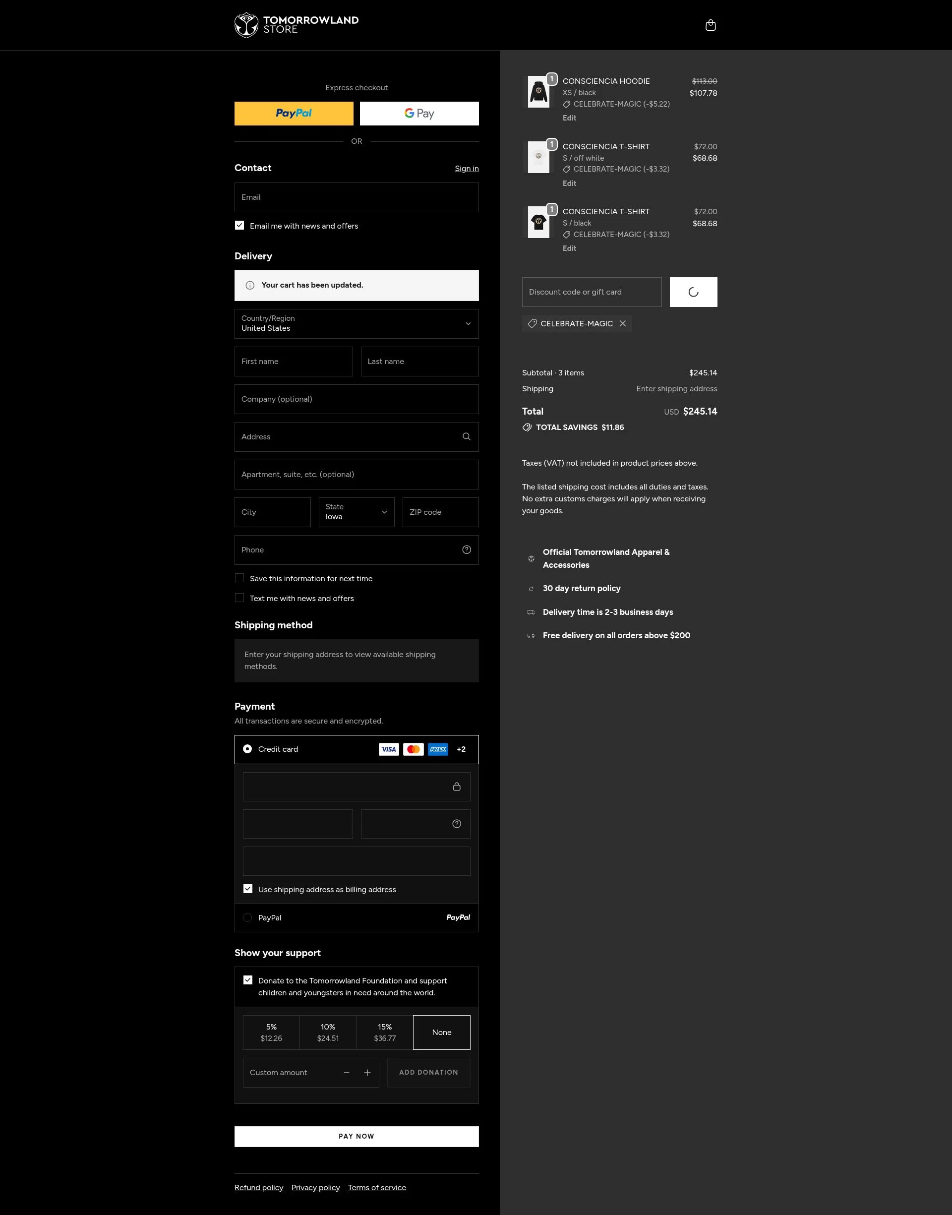 TOMORROWLAND checkout page showing TOMORROWLAND promo code box | Screenshot taken by SimplyCodes community member on Jan 22, 2026