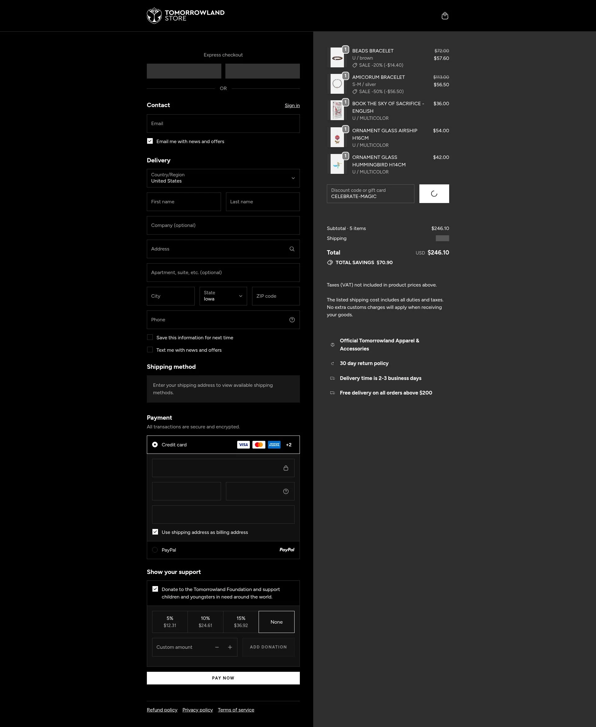 TOMORROWLAND checkout page showing TOMORROWLAND promo code box | Screenshot taken by SimplyCodes community member on Jan 7, 2026