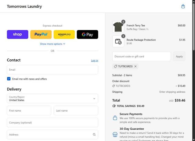 Tomorrows Laundry checkout page showing Tomorrows Laundry discount code box | Screenshot taken by SimplyCodes community member on Sep 3, 2025
