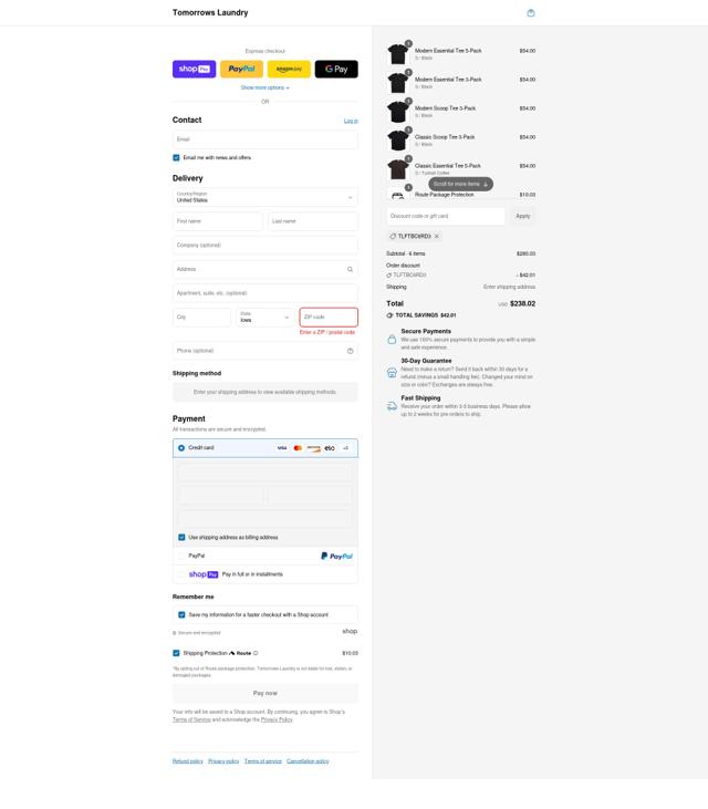 Tomorrows Laundry checkout page showing Tomorrows Laundry discount code box | Screenshot taken by SimplyCodes community member on Jul 13, 2025