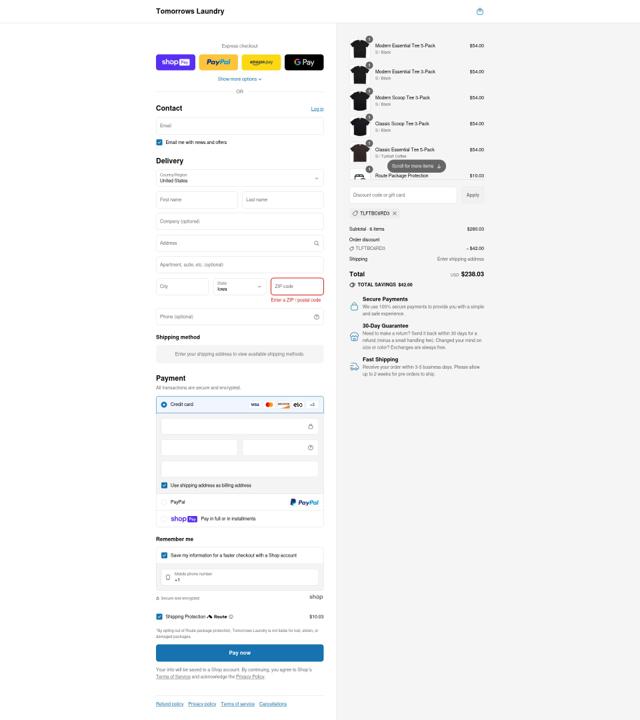 Tomorrows Laundry checkout page showing Tomorrows Laundry discount code box | Screenshot taken by SimplyCodes community member on Jul 27, 2025