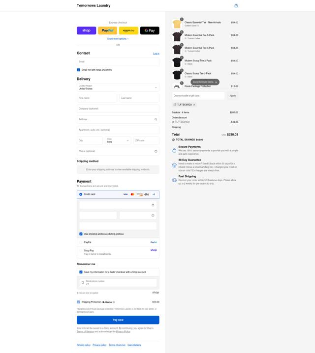 Tomorrows Laundry checkout page showing Tomorrows Laundry discount code box | Screenshot taken by SimplyCodes community member on Sep 3, 2025