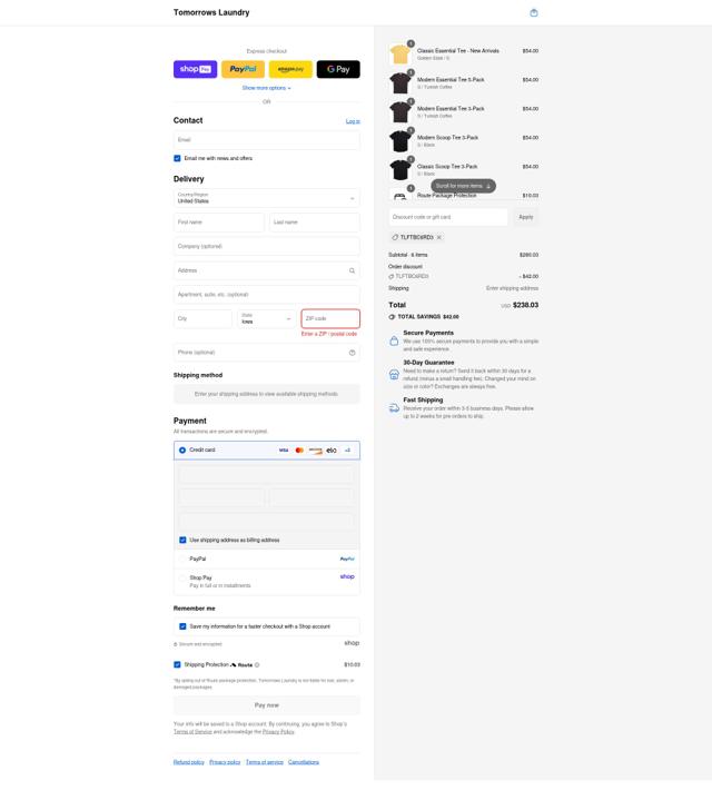 Tomorrows Laundry checkout page showing Tomorrows Laundry discount code box | Screenshot taken by SimplyCodes community member on Aug 16, 2025