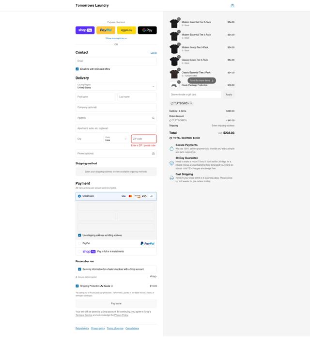 Tomorrows Laundry checkout page showing Tomorrows Laundry discount code box | Screenshot taken by SimplyCodes community member on Jul 31, 2025