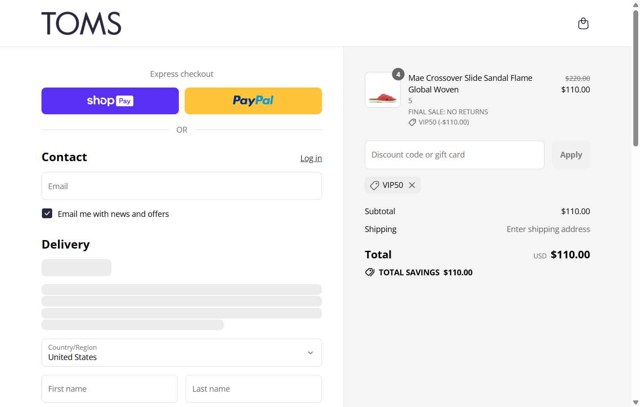 TOMS checkout page showing TOMS coupon code box | Screenshot taken by SimplyCodes community member on Aug 16, 2025