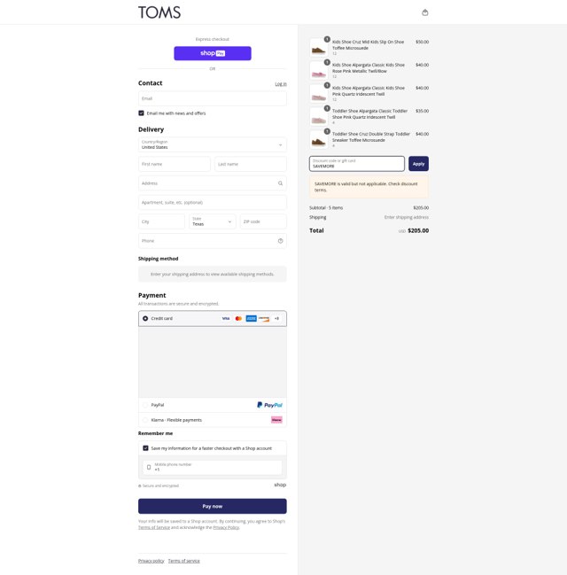 TOMS checkout page showing TOMS coupon code box | Screenshot taken by SimplyCodes community member on Jun 26, 2025