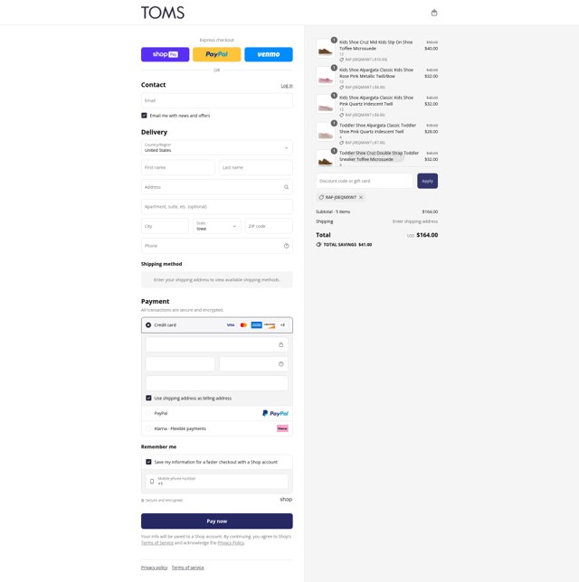 TOMS checkout page showing TOMS coupon code box | Screenshot taken by SimplyCodes community member on Jul 14, 2025