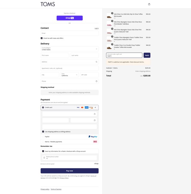 TOMS checkout page showing TOMS coupon code box | Screenshot taken by SimplyCodes community member on Jun 15, 2025