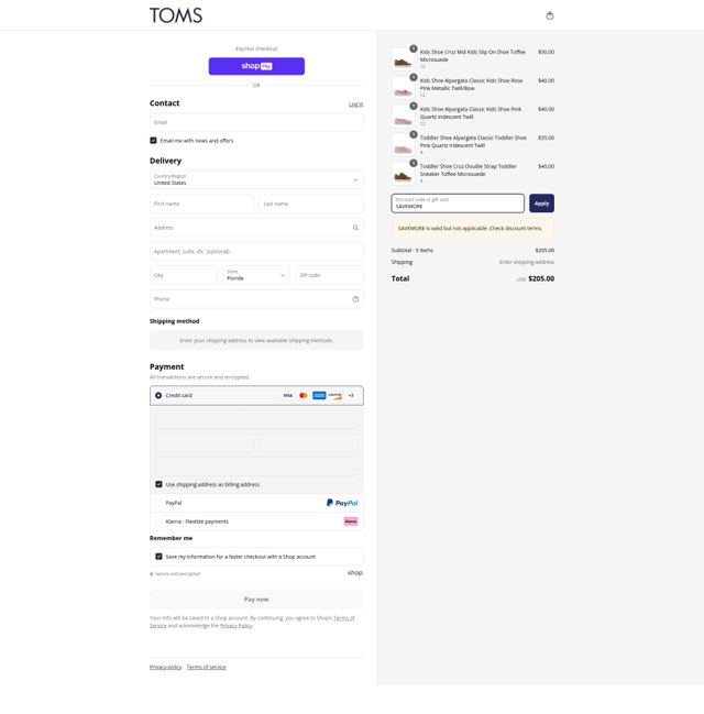 TOMS checkout page showing TOMS coupon code box | Screenshot taken by SimplyCodes community member on Jun 22, 2025