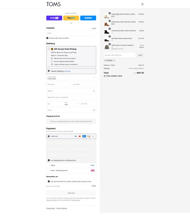 TOMS checkout page showing TOMS coupon code box | Screenshot taken by SimplyCodes community member on Aug 26, 2025