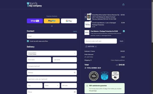 Tom’s Key Company checkout page showing Tom’s Key Company promo code box | Screenshot taken by SimplyCodes community member on Aug 16, 2025
