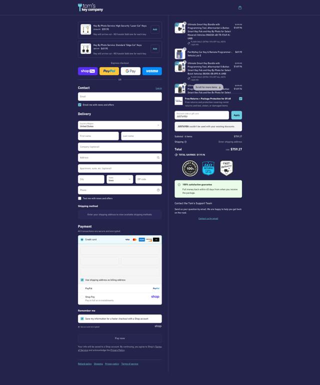 Tom’s Key Company checkout page showing Tom’s Key Company promo code box | Screenshot taken by SimplyCodes community member on Aug 14, 2025