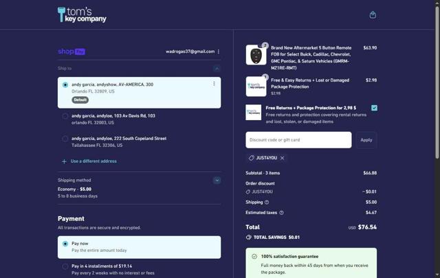 Tom’s Key Company checkout page showing Tom’s Key Company promo code box | Screenshot taken by SimplyCodes community member on Aug 8, 2025