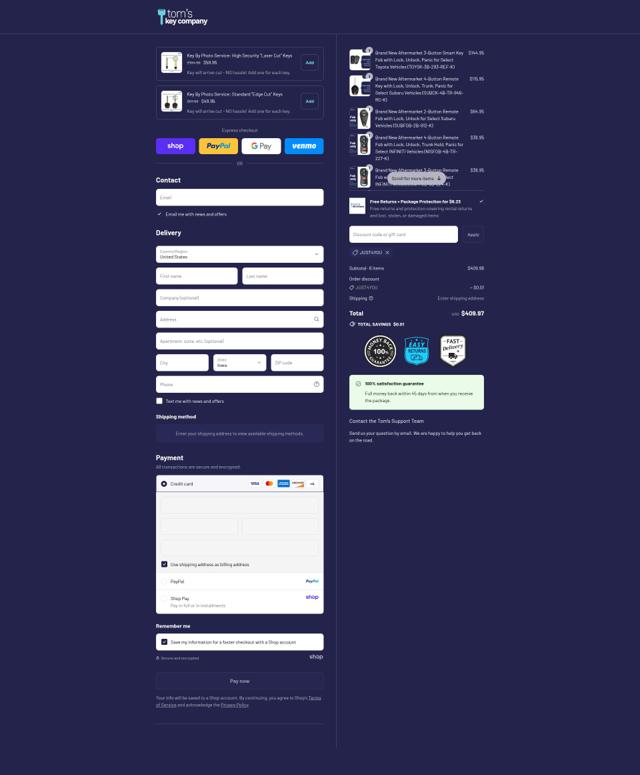 Tom’s Key Company checkout page showing Tom’s Key Company promo code box | Screenshot taken by SimplyCodes community member on Sep 3, 2025