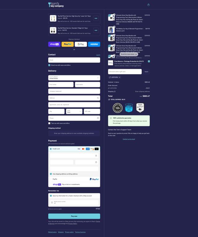 Tom’s Key Company checkout page showing Tom’s Key Company promo code box | Screenshot taken by SimplyCodes community member on Aug 8, 2025