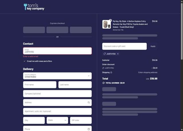 Tom’s Key Company checkout page showing Tom’s Key Company promo code box | Screenshot taken by SimplyCodes community member on Sep 3, 2025