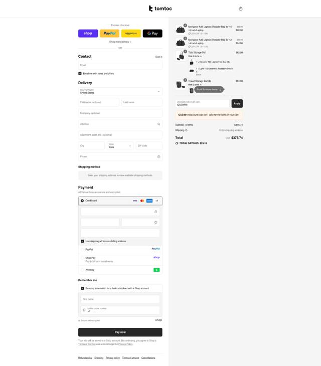Tomtoc checkout page showing Tomtoc discount code box | Screenshot taken by SimplyCodes community member on Sep 10, 2025