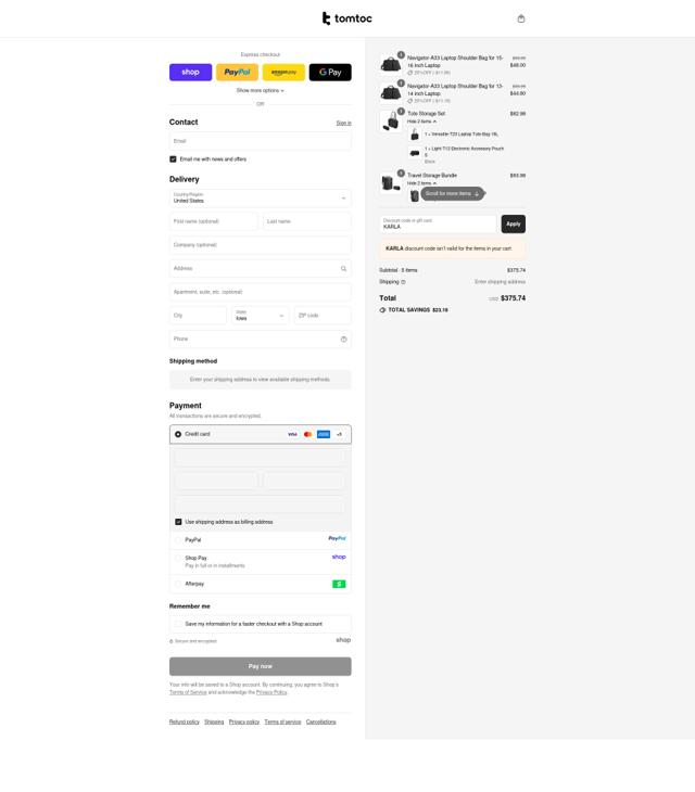 Tomtoc checkout page showing Tomtoc discount code box | Screenshot taken by SimplyCodes community member on Sep 10, 2025