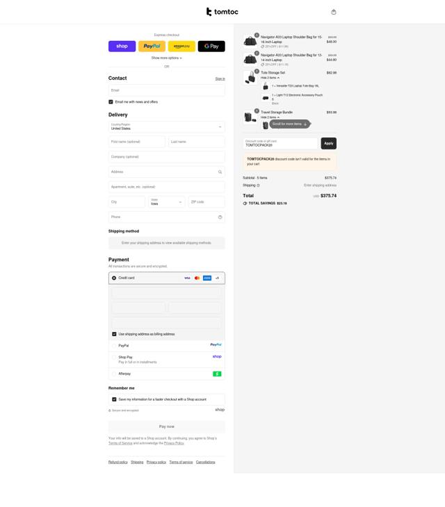 Tomtoc checkout page showing Tomtoc discount code box | Screenshot taken by SimplyCodes community member on Sep 10, 2025