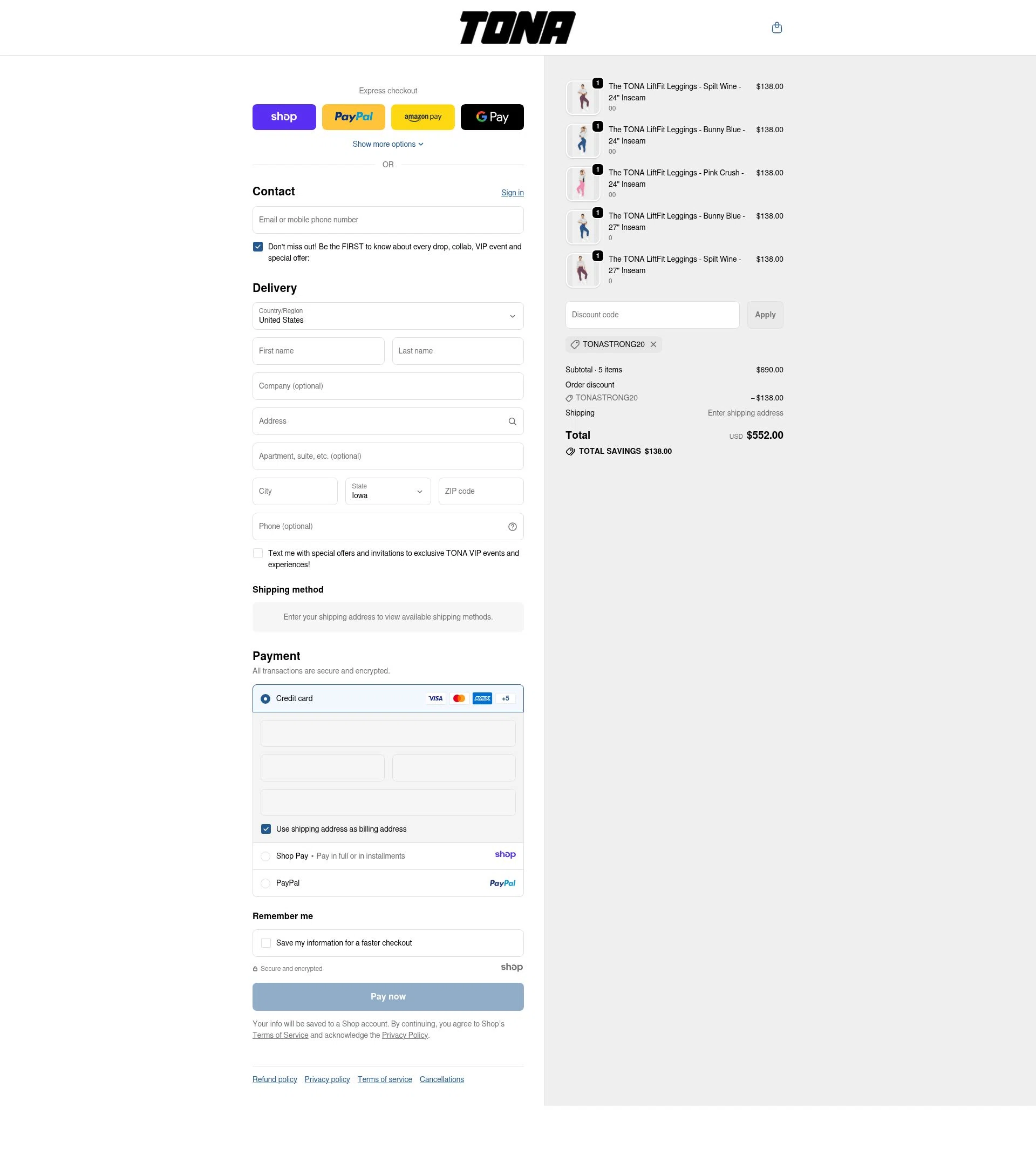 TONA Activewear checkout page showing TONA Activewear promo code box | Screenshot taken by SimplyCodes community member on Jan 1, 2026