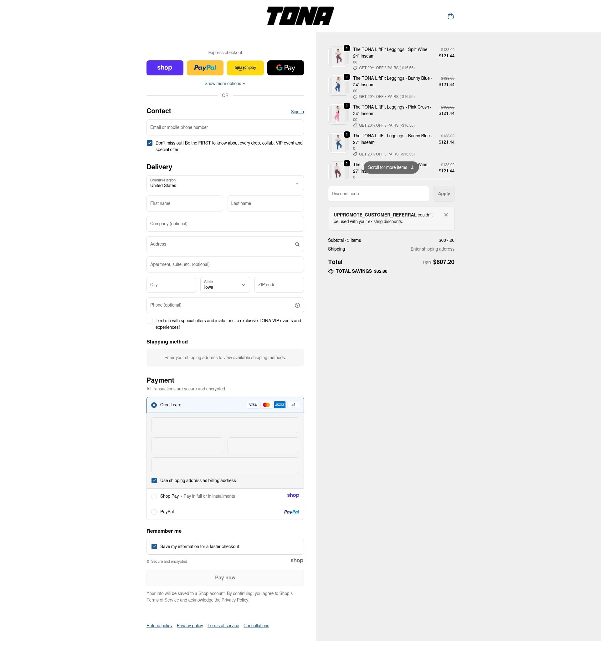 TONA Activewear checkout page showing TONA Activewear promo code box | Screenshot taken by SimplyCodes community member on Jan 1, 2026