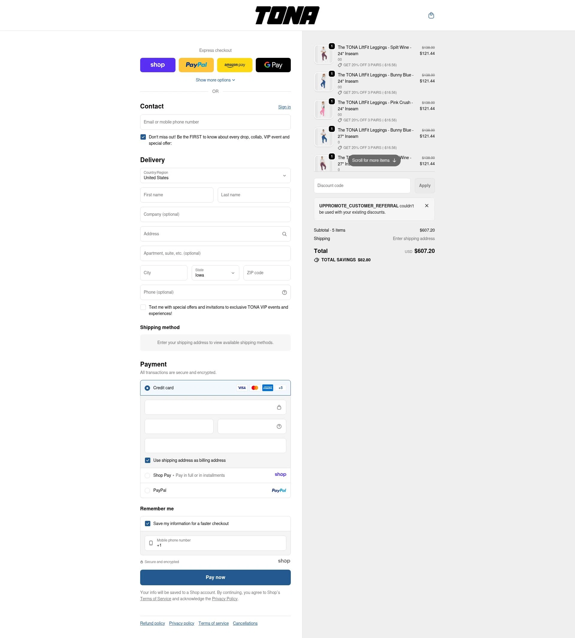 TONA Activewear checkout page showing TONA Activewear promo code box | Screenshot taken by SimplyCodes community member on Dec 22, 2025