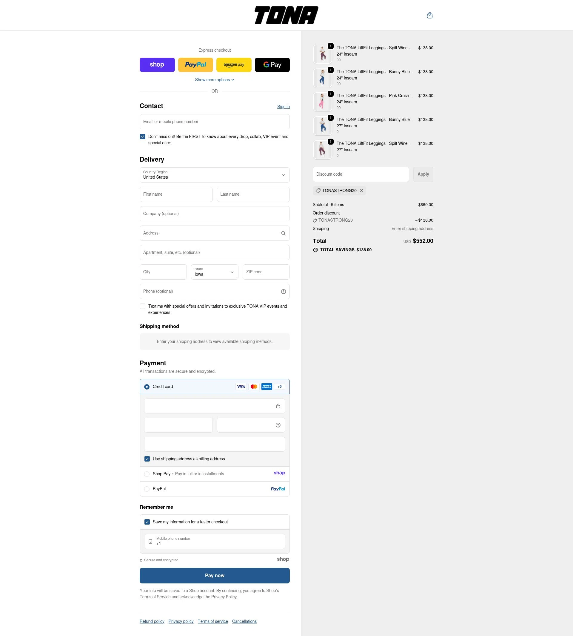TONA Activewear checkout page showing TONA Activewear promo code box | Screenshot taken by SimplyCodes community member on Dec 22, 2025