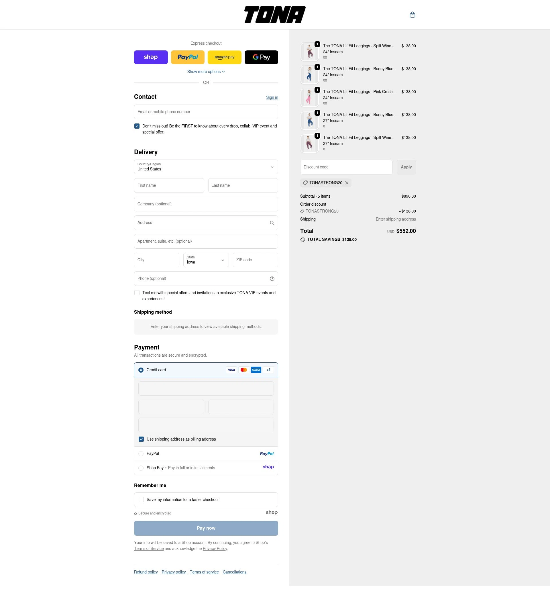 TONA Activewear checkout page showing TONA Activewear promo code box | Screenshot taken by SimplyCodes community member on Dec 15, 2025
