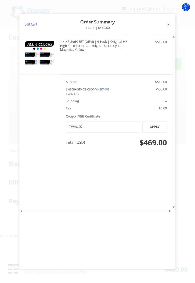 Toner Buzz checkout page showing Toner Buzz coupon code box | Screenshot taken by SimplyCodes community member on Sep 4, 2025