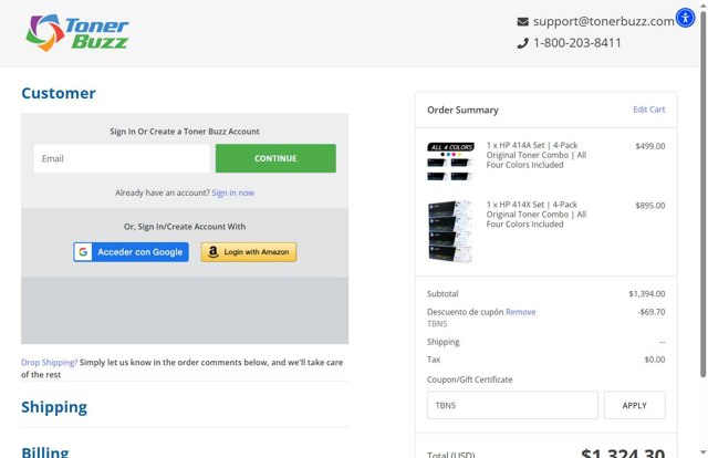 Toner Buzz checkout page showing Toner Buzz coupon code box | Screenshot taken by SimplyCodes community member on Sep 3, 2025