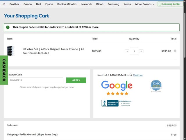 Toner Buzz checkout page showing Toner Buzz coupon code box | Screenshot taken by SimplyCodes community member on Sep 1, 2025