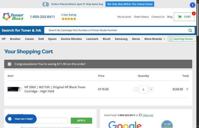 Toner Buzz checkout page showing Toner Buzz coupon code box | Screenshot taken by SimplyCodes community member on Aug 8, 2025