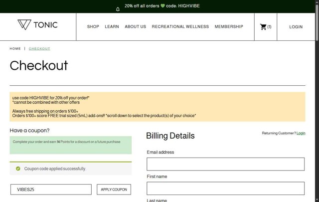 Tonic checkout page showing Tonic promo code box | Screenshot taken by SimplyCodes community member on Aug 22, 2025