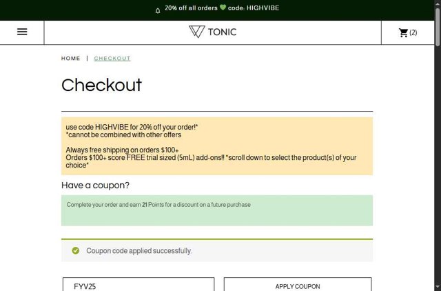 Tonic checkout page showing Tonic promo code box | Screenshot taken by SimplyCodes community member on Aug 29, 2025