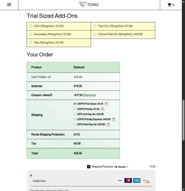 Tonic checkout page showing Tonic promo code box | Screenshot taken by SimplyCodes community member on Aug 25, 2025