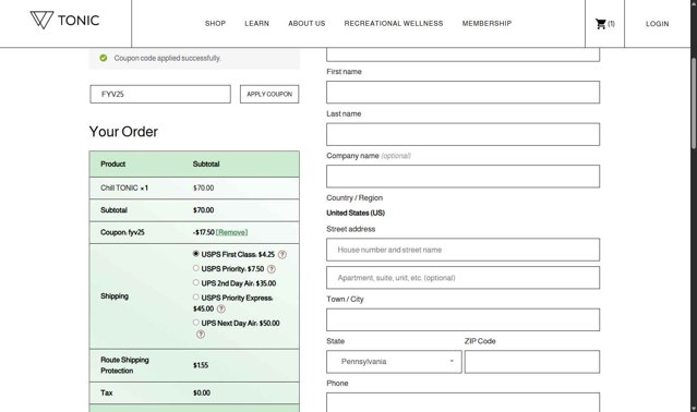 Tonic checkout page showing Tonic promo code box | Screenshot taken by SimplyCodes community member on Sep 7, 2025